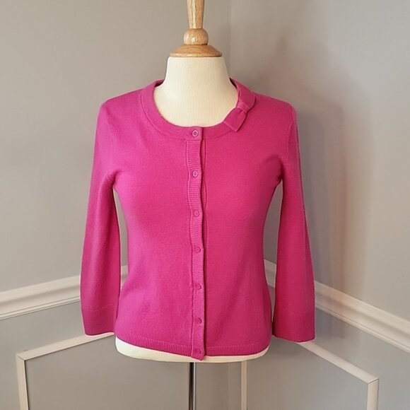 KATE SPADE Pink Wool Cashmere Blend Bow Crewneck Collar Preppy Cardigan Sweater - Picture 1 of 9